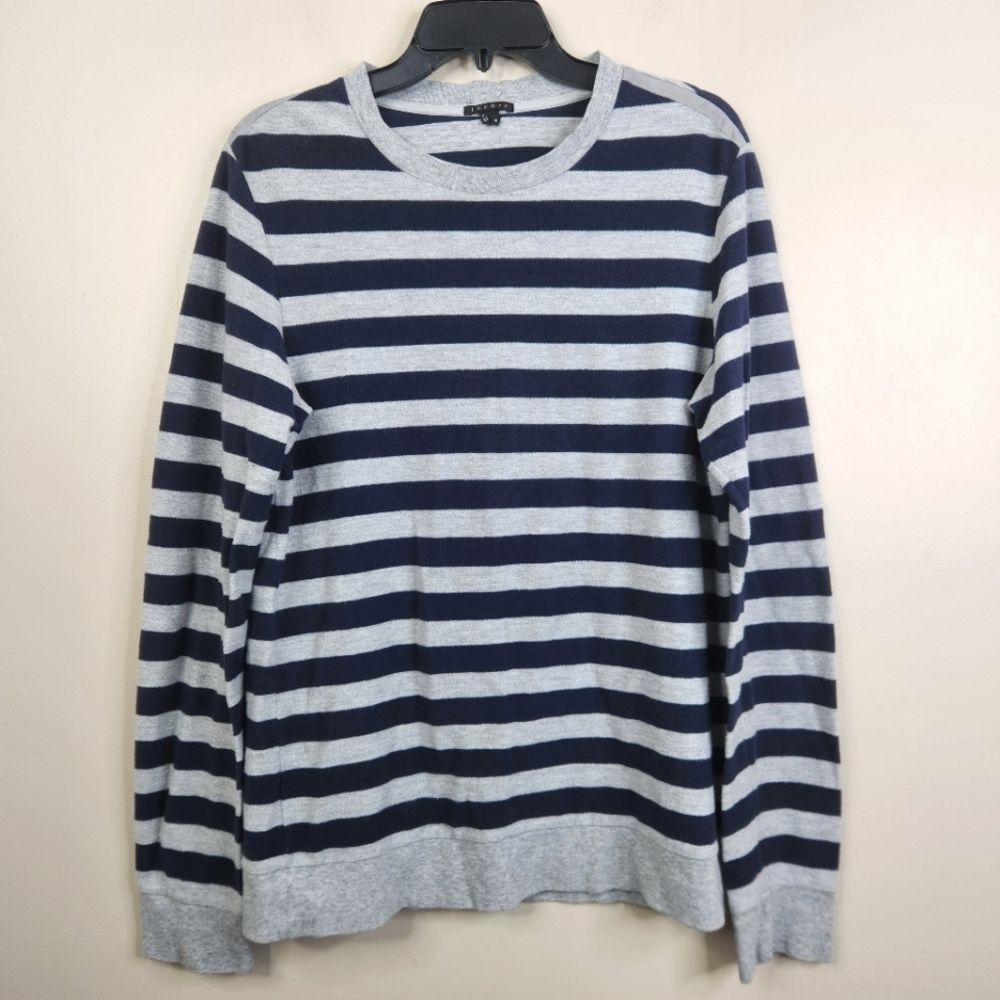 Theory Mens Long Sleeve Slub Knit Crewneck Lightweight Striped Sweater Medium